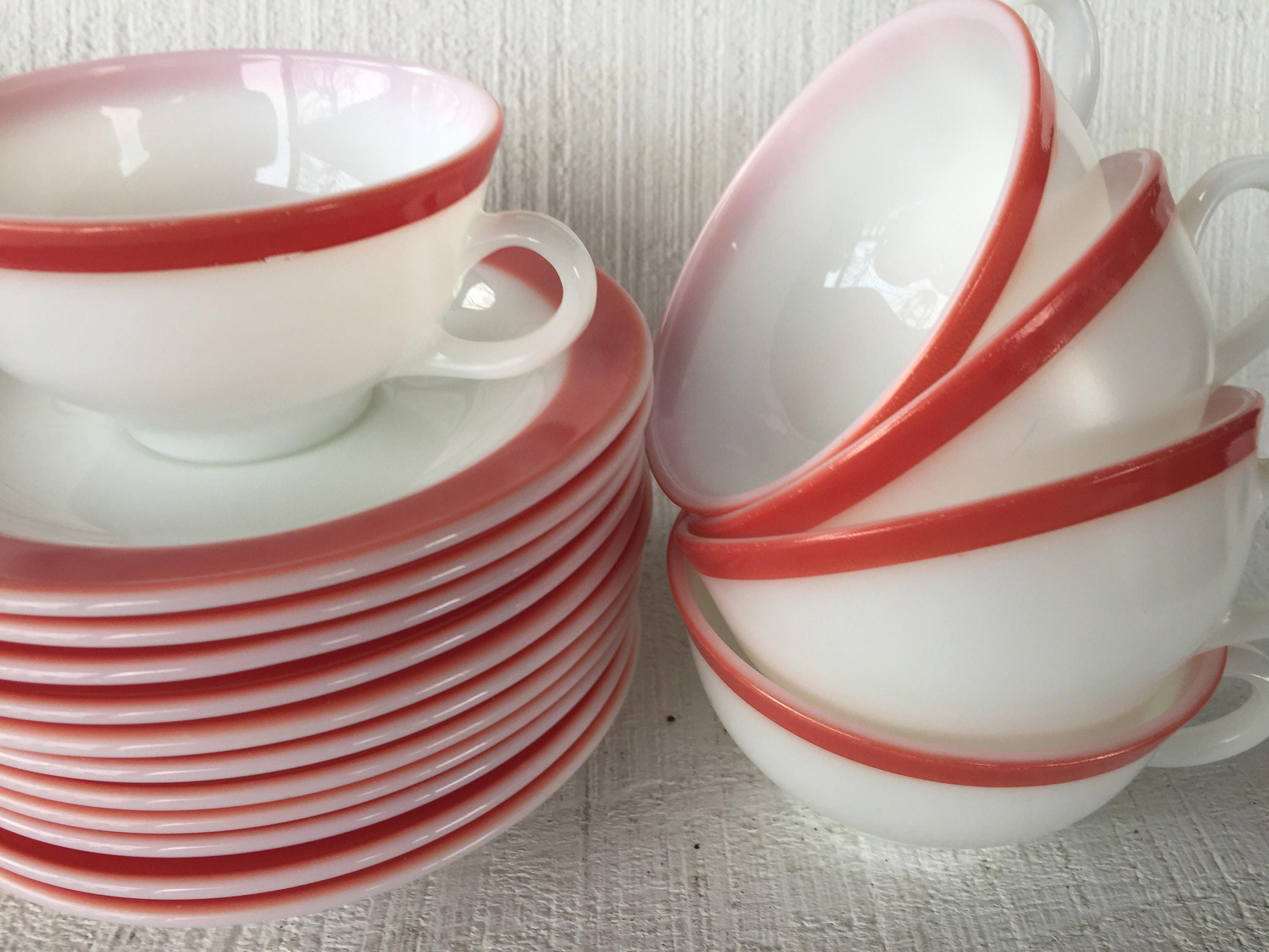 Vintage Pyrex Opalware Coral Band / Gold Trim Cup and Saucer