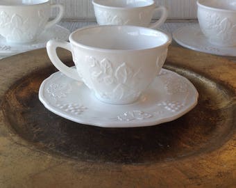 Vintage white glass tea cups vintage milk glass Colony Harvest grape coffee cup mid century white glass cup saucer set brunch tea luncheon