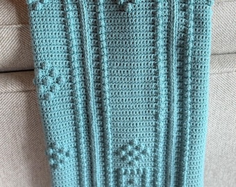 Vintage Mint Green Crochet Afghan Throw Blanket, Handmade Textured Bobble Stitch Blanket, Aqua Green Couch Throw, Cottage Farmhouse Afghan