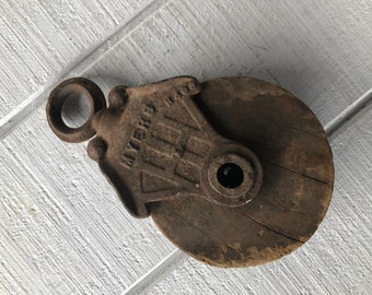Primitive MYERS wooden barn pulley rustic farm barn wooden pulley antique farm decor industrial wood metal single pulley industrial salvage