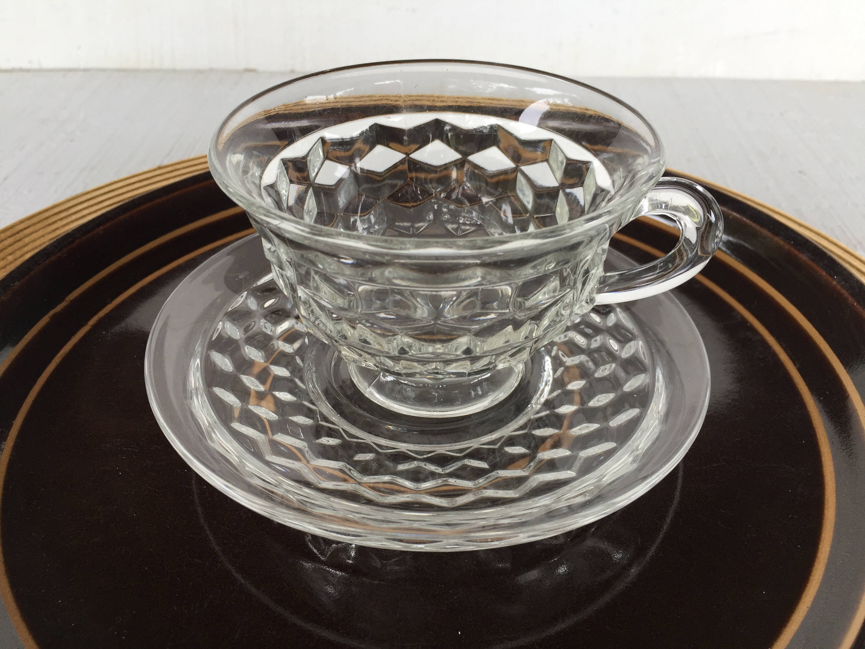 4 vintage crystal pressed glass cup and saucer American clear Etsy