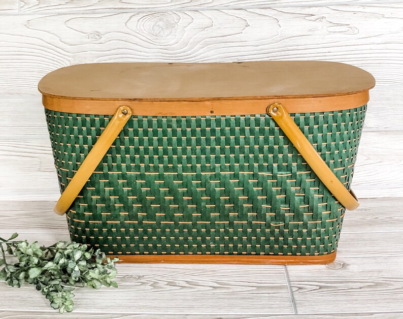 Vintage picnic basket 1980s green brown weave Picnic basket hamper