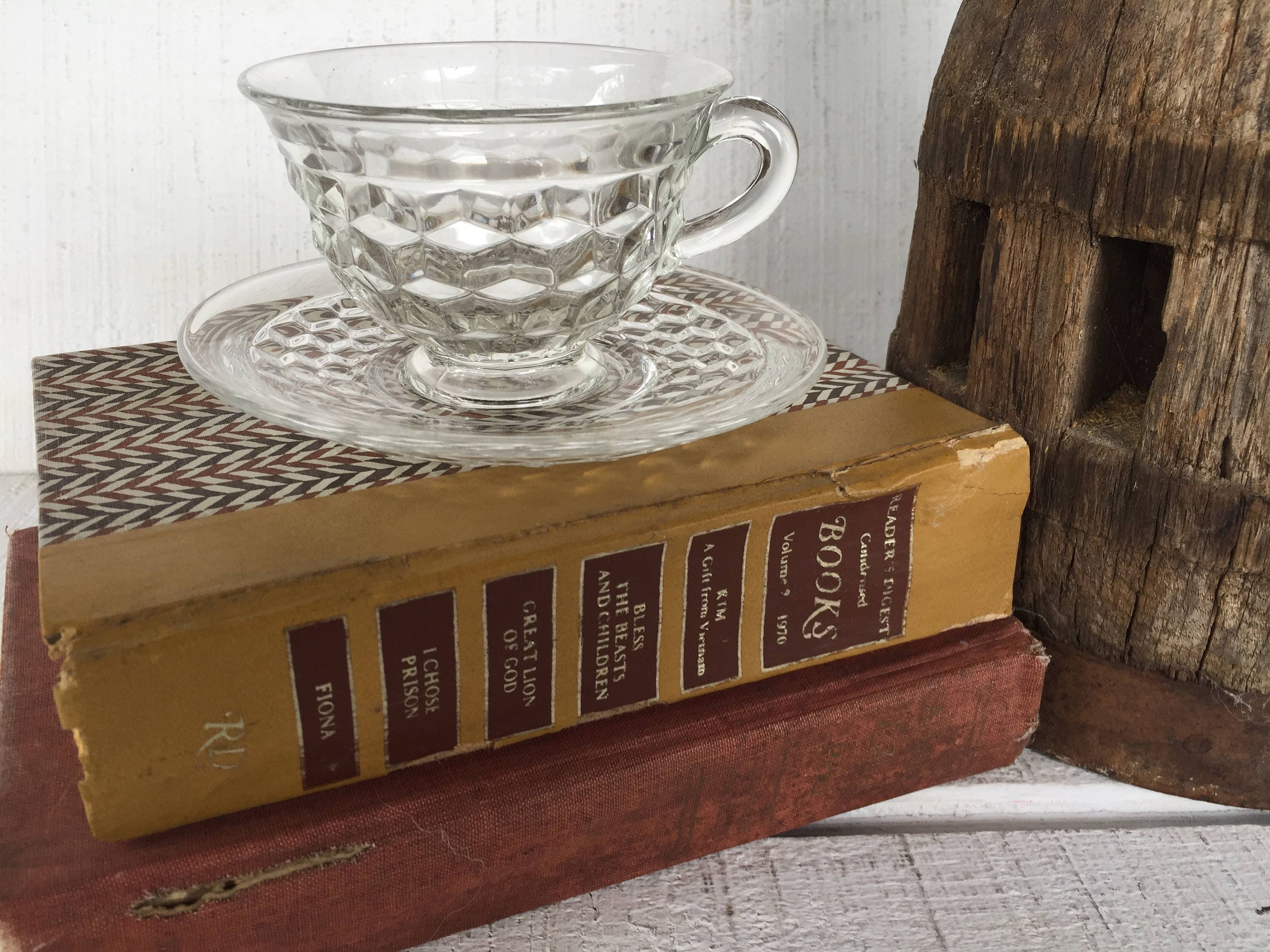 4 vintage crystal pressed glass cup and saucer American clear Etsy