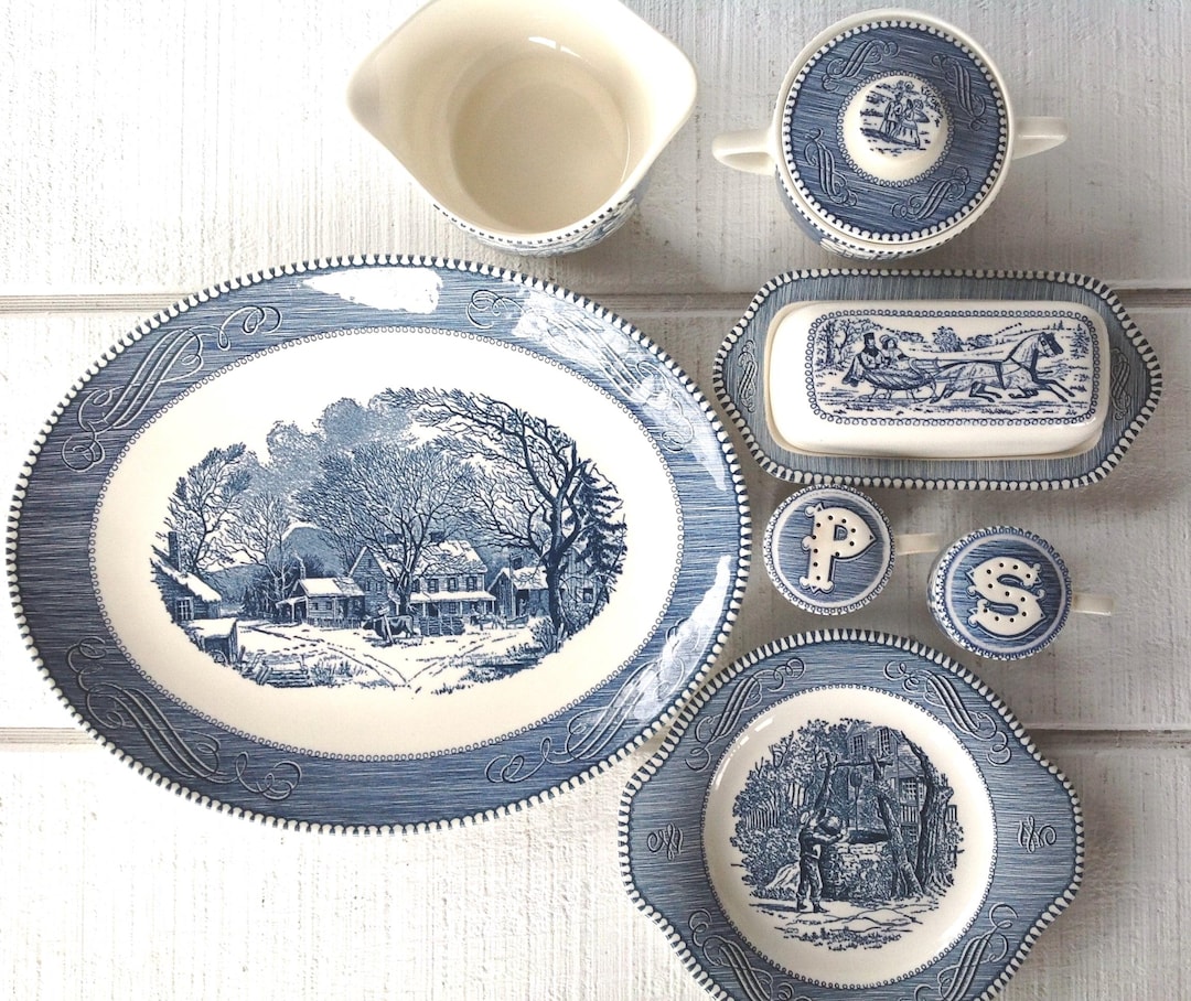 Currier and Ives Royal China: Blue White Transferware Dishes