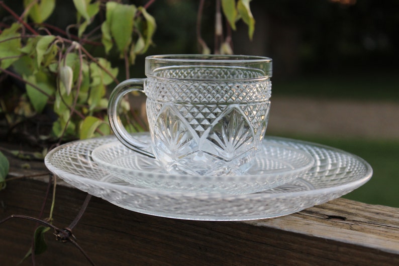 Vintage Clear Glass Dinnerware Cut Glass Plates Cups Saucer Etsy