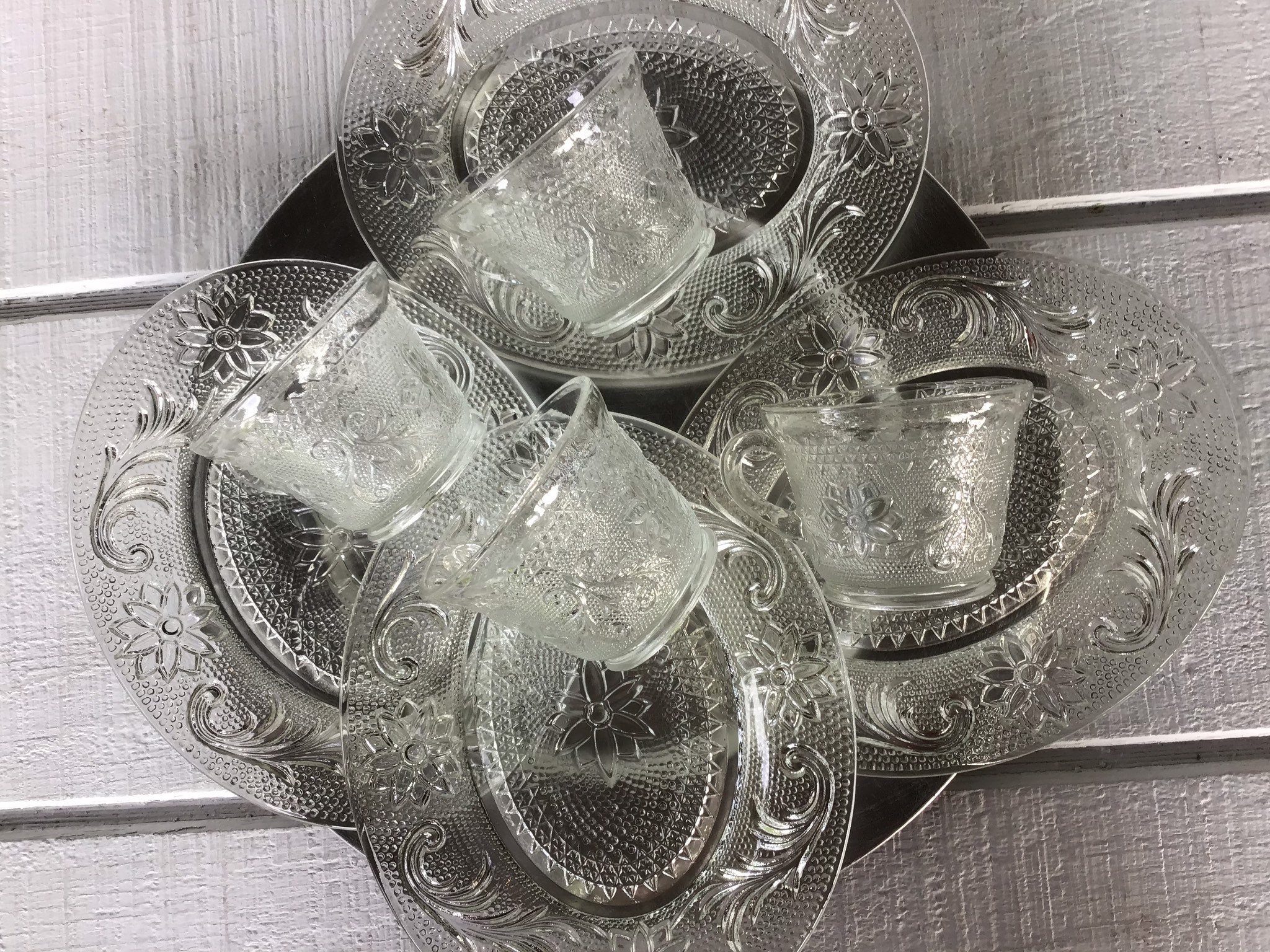 Vintage Daisy Snack Plate Sets Clear Depression Glass Plate / Cup