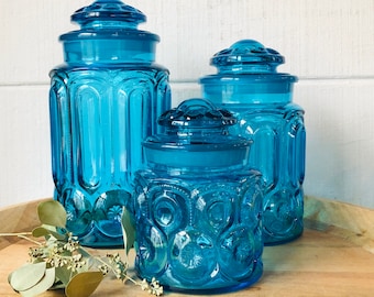 Vintage Smith emerald green turquoise blue glass XL Flour SUGAR Coffee jar Moon Stars apothecary jar large storage jar green glass canister