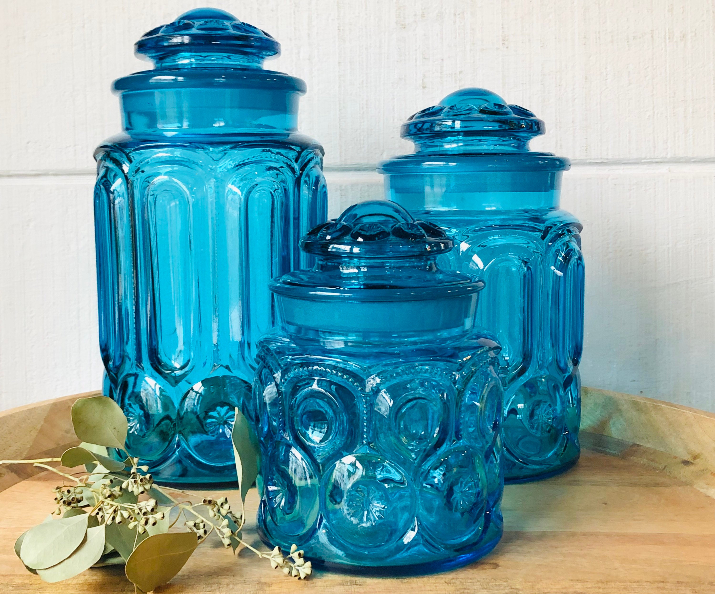 Vintage Smith emerald green turquoise blue glass XL Flour SUGAR Coffee jar Moon Stars apothecary jar large storage jar green glass canister
