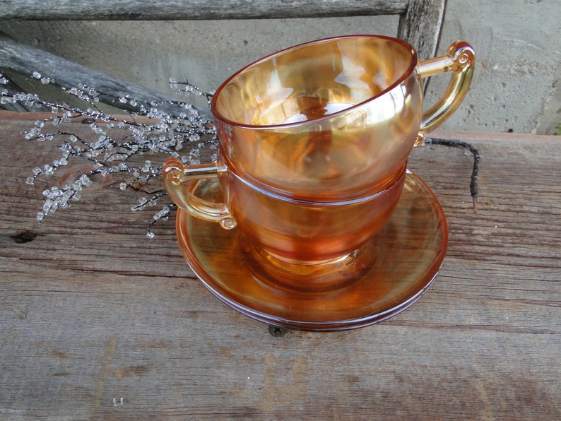 2 Orange carnival glass cup / saucer sets Vintage Etsy