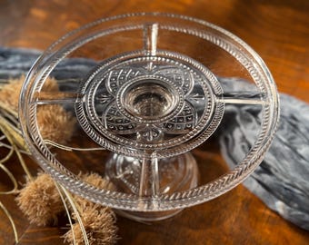 Vintage Pressed Glass Cake Stand 11 Inch Clear Pedestal Dessert Stand Geometric Floral Cake Plate Wedding Display Mid Century