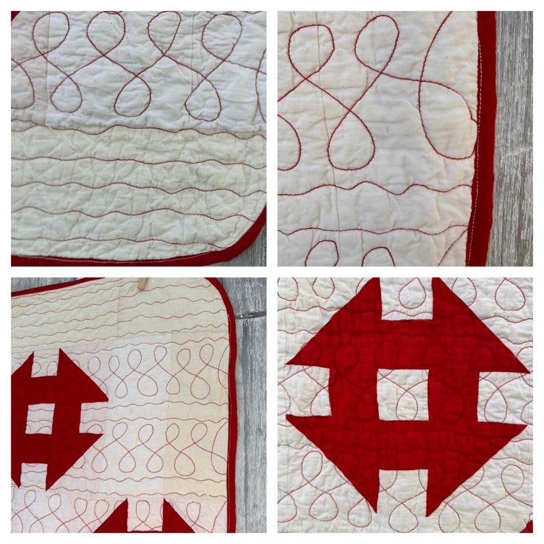 Peut inclure: Gros plan d'une courtepointe vintage avec un fond blanc et des coutures rouges. La courtepointe pr&eacute;sente divers motifs, notamment des motifs en boucle et des formes g&eacute;om&eacute;triques. Les bords sont finis avec une bordure rouge.