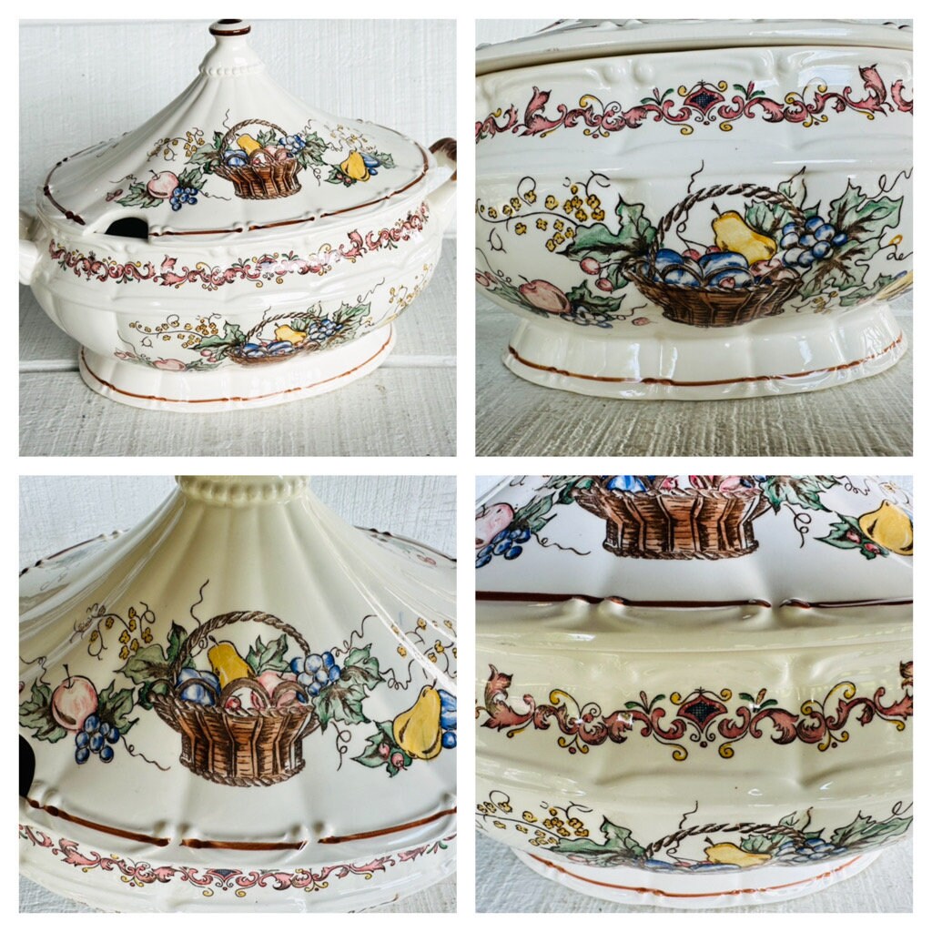 スープチュリーン　Soup Tureen 木の実柄 Vintage 60s Soup Tureen JAPAN Hand Painted Fruit Basket Scrolls