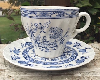 Antique blue and white china tea cup & saucer, Wood and Sons China Blue Fiord blue onion, mismatched tea cup for wedding shower brunch gift