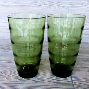SOLD INDIVIDUALLY ~Vintage Green Ripple highball glasses mid century bar MCM green ribbed tumbler saturn optic 22 oz tumblers Bar cart glass