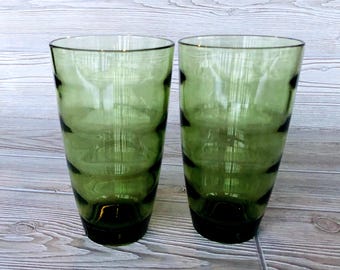 SOLD INDIVIDUALLY ~Vintage Green Ripple highball glasses mid century bar MCM green ribbed tumbler saturn optic 22 oz tumblers Bar cart glass
