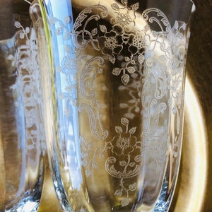 1930s 1940s FOSTORIA Meadow Rose Clear ICED TEA glasses Vintage Glassware etched tall water goblet embossed rose crystal floral replacements image 5