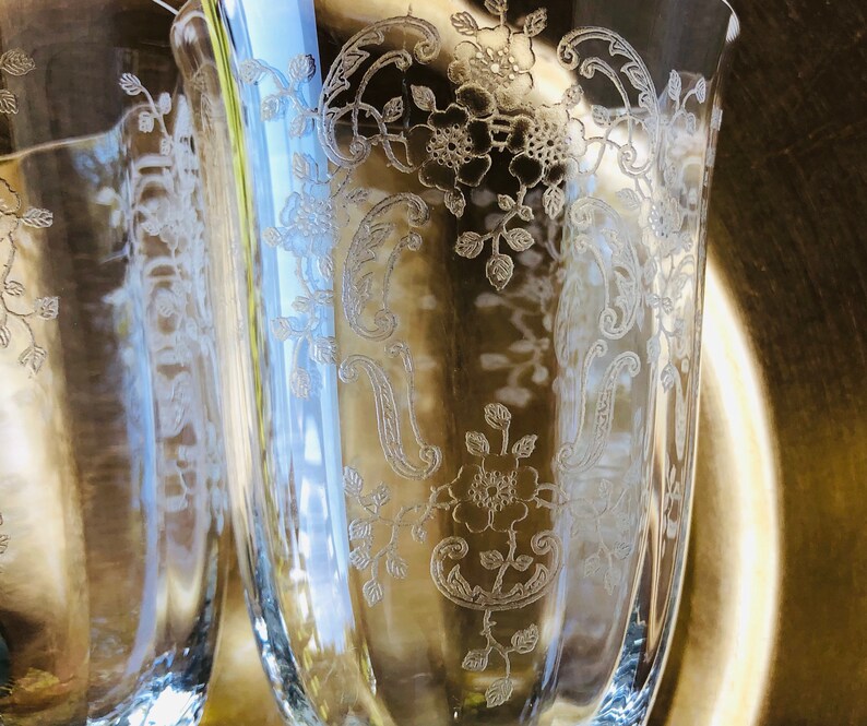 1930s 1940s FOSTORIA Meadow Rose Clear ICED TEA glasses Vintage Glassware etched tall water goblet embossed rose crystal floral replacements image 5
