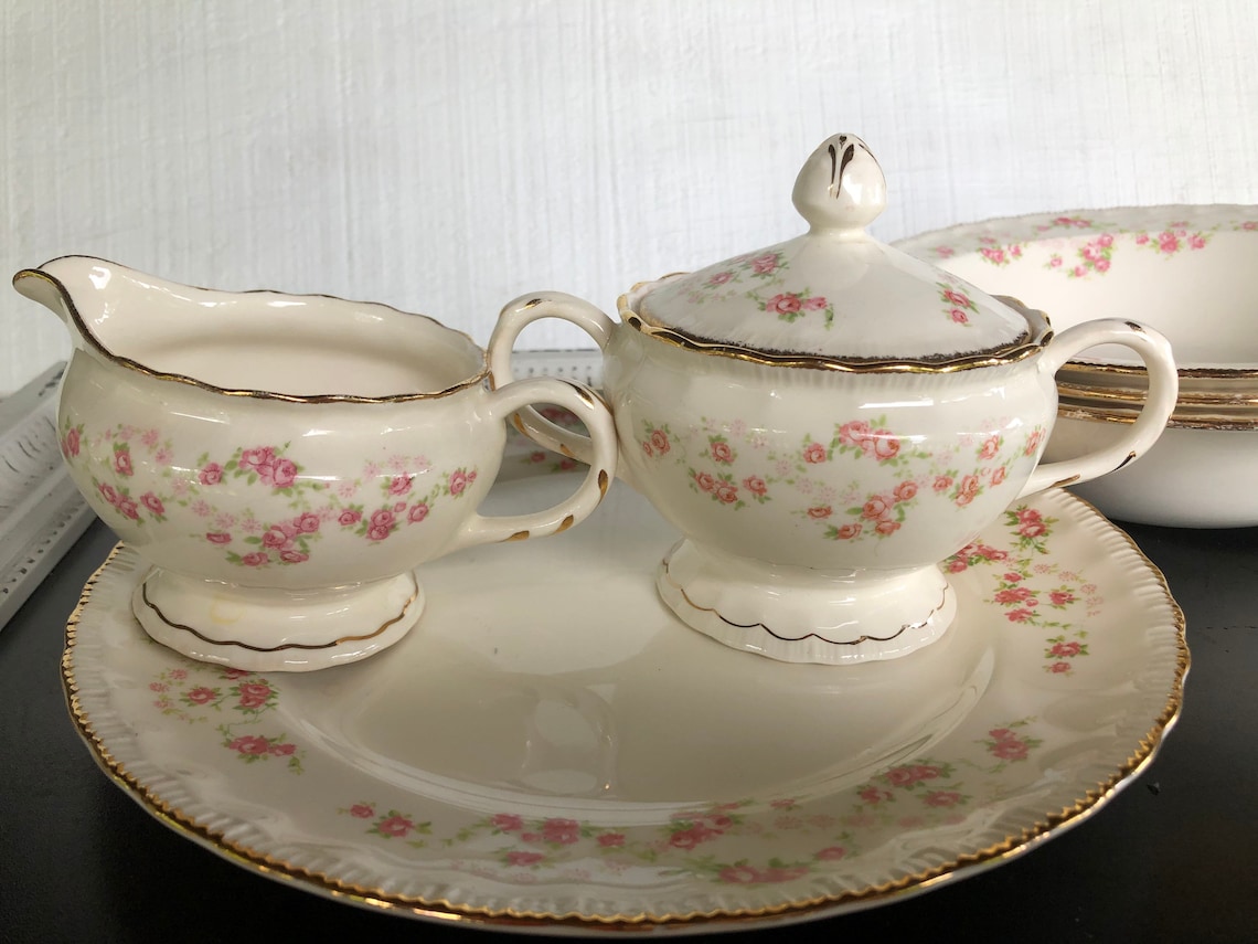 Antique Pope Gosser FLORENCE China 1940s Ivory Gold Trim Pink Etsy