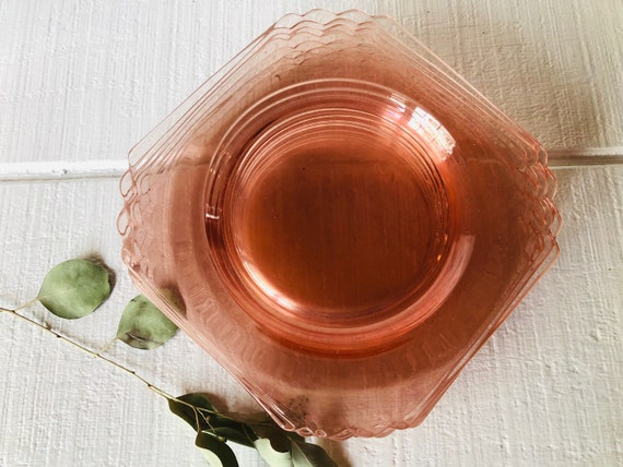 4 Pink Depression Glass Plates square plate w/ Scalloped corner Vintage Pink Glass Dessert Cake Plate Federal Cambridge Hazel Atlas Heisey