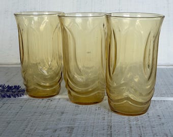 Anchor Hocking Colonial Tulip Yellow 12 oz Flat Tumblers, Vintage Glassware Drinking Glasses, Retro Iced Tea Water Glasses, 1960s 1970s