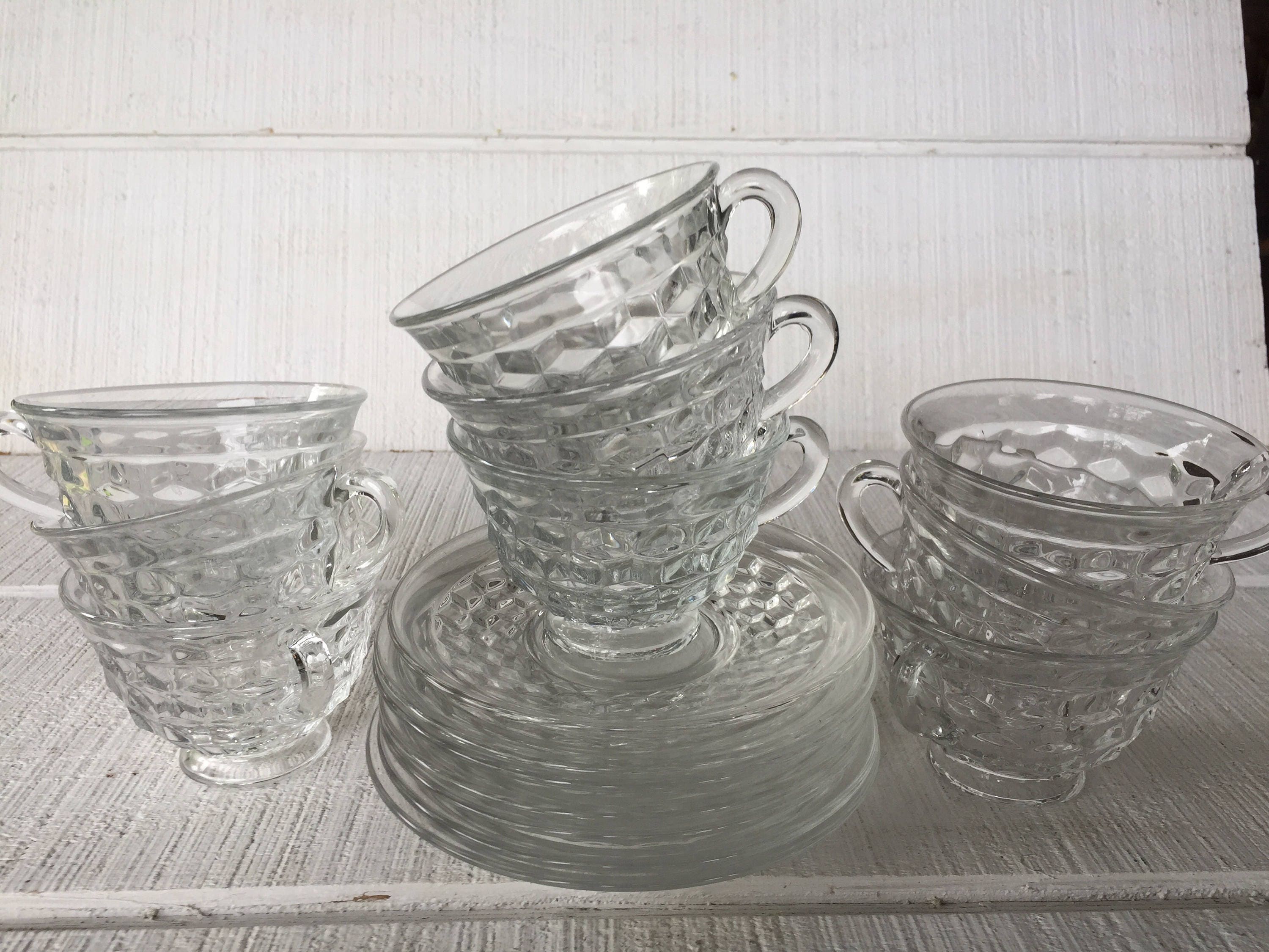 4 vintage crystal pressed glass cup and saucer American clear Etsy