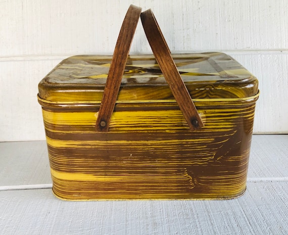 Vintage Metal Picnic Basket Wood Handles Yellow Brown Kitsch