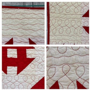 Peut inclure: Gros plan sur un textile matelass&eacute; avec un fond cr&egrave;me et des coutures rouges. Le motif pr&eacute;sente des formes de fl&egrave;ches rouges et des motifs boucl&eacute;s d&eacute;coratifs. La courtepointe a un aspect textur&eacute; et fait &agrave; la main.