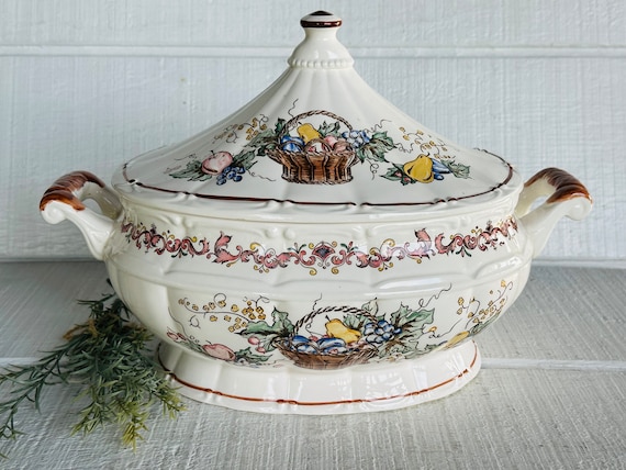 Vintage 60s Soup Tureen JAPAN Hand Painted Fruit Basket Scrolls