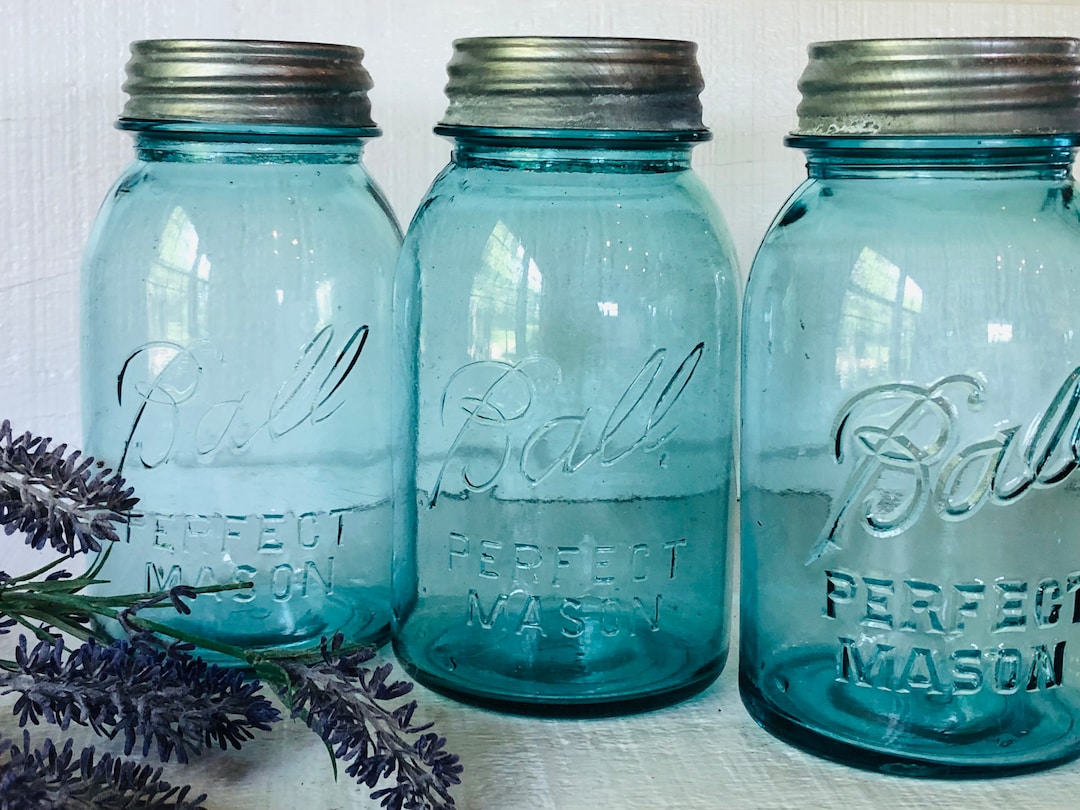 Vintage Ball Jar Blue, Rustic Canning Jar With Zinc Lid, Rustic