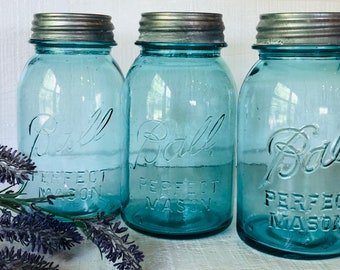 Vintage Ball Jar Blue, Rustic Canning Jar with Zinc Lid, Rustic Wedding Decor, Antique Quart Canning Jars Ball Perfect Mason, Depression