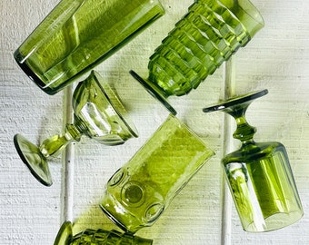 Vintage Green Goblets Set of 6 | Green Wine Glasses Set | Emerald Green Glassware | Mid Century Stemware | Mismatched Green Goblets