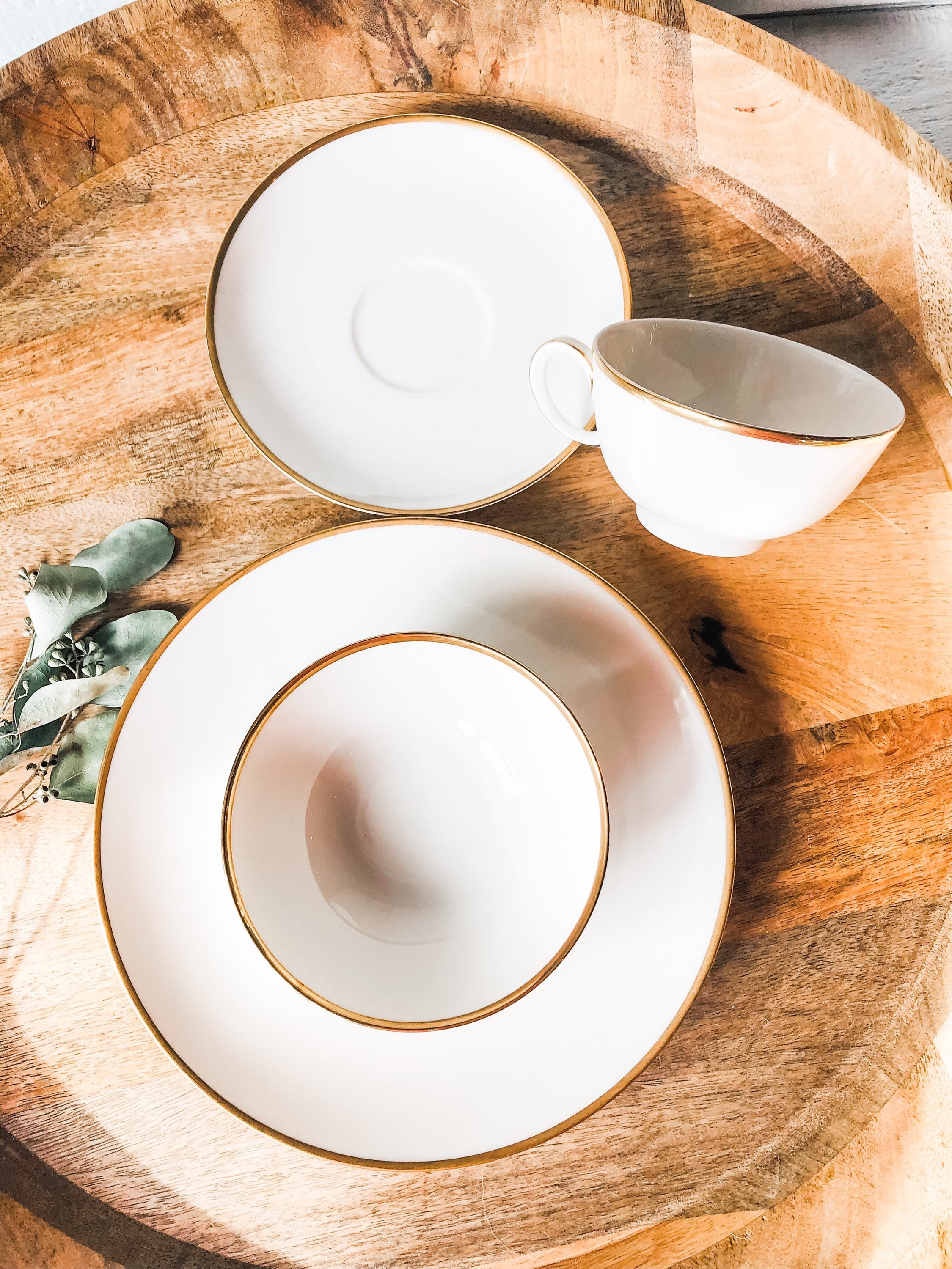 1960s Ivory China Gold Trim Dessert Plate Set Cups Saucer Mid