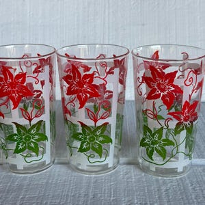 3 Vintage Jelly Jars With Poinsettia Design 10 Oz Glasses