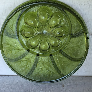 Vintage Pebble Leaf Green Avocado INDIANA GLASS relish deviled egg platter Green Glass Serving Platter green round divided platter Holiday