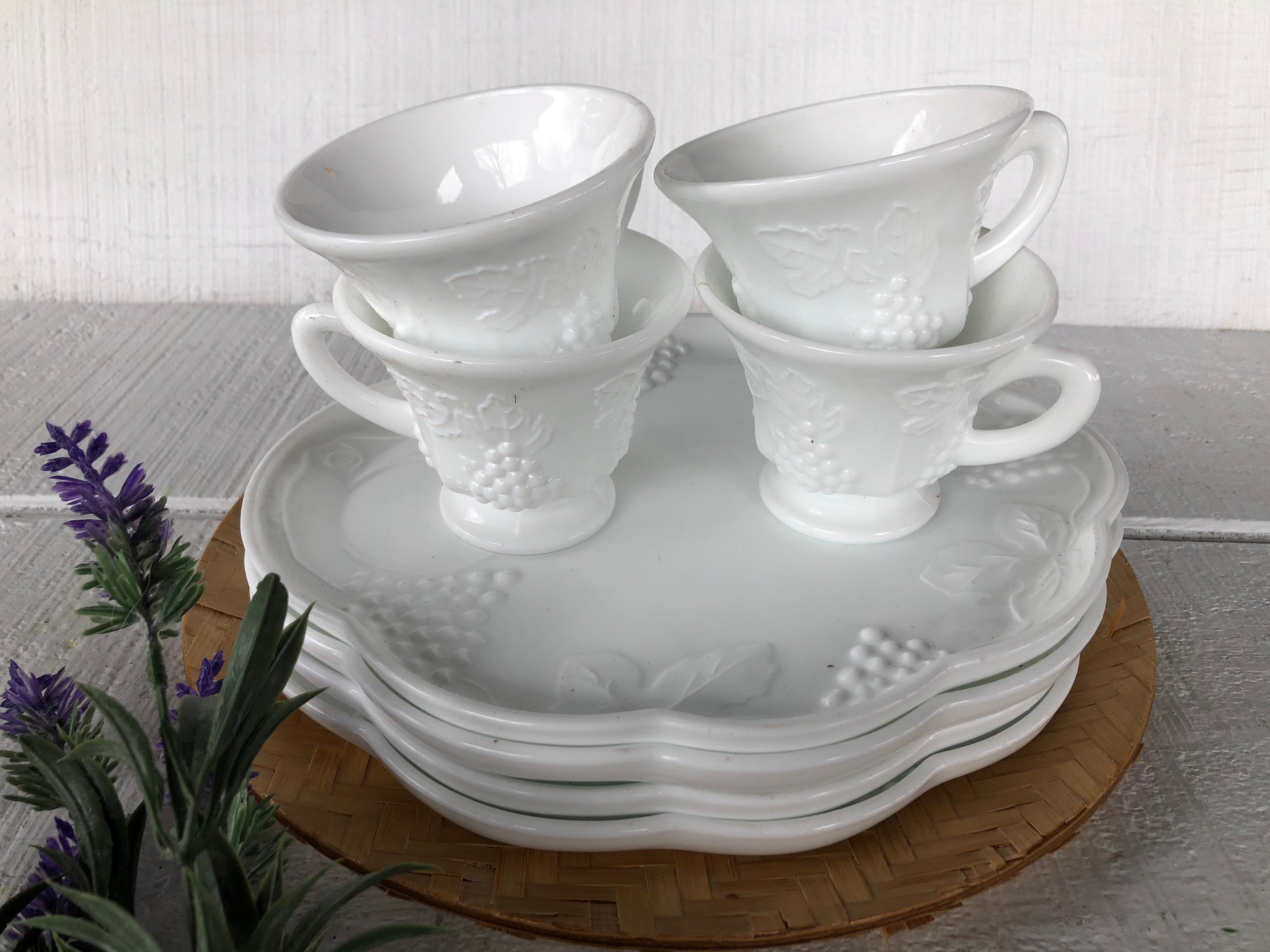 Milk Glass Plate Set Tea Cups Luncheon Shower Brunch Serving