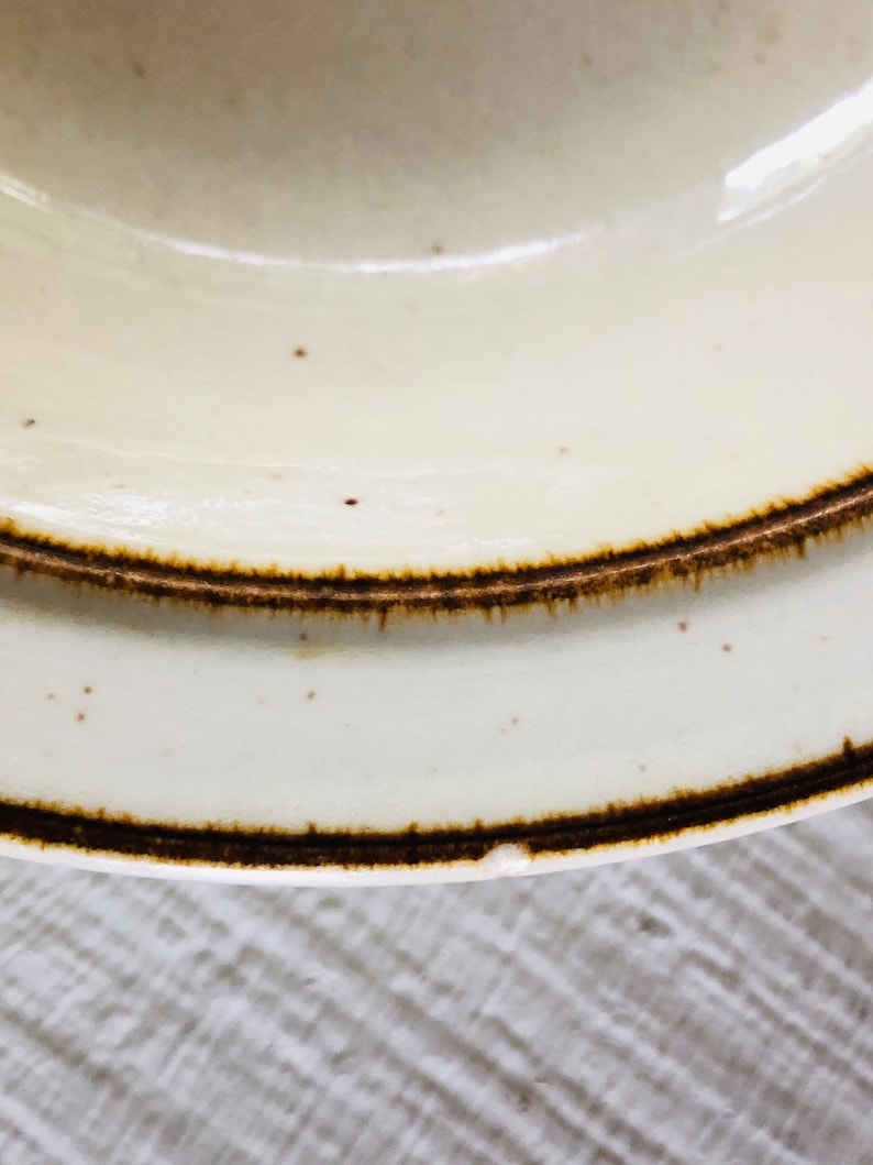 Może przedstawiać: Zbliżenie na brzeg białego talerza ceramicznego z brązową, kropkowaną glazurą i brązową obw&oacute;dką.
