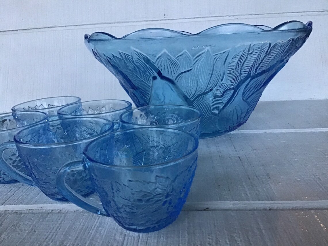 Vintage Punch bowl Light Blue embossed Fruit Mid century KIG Etsy