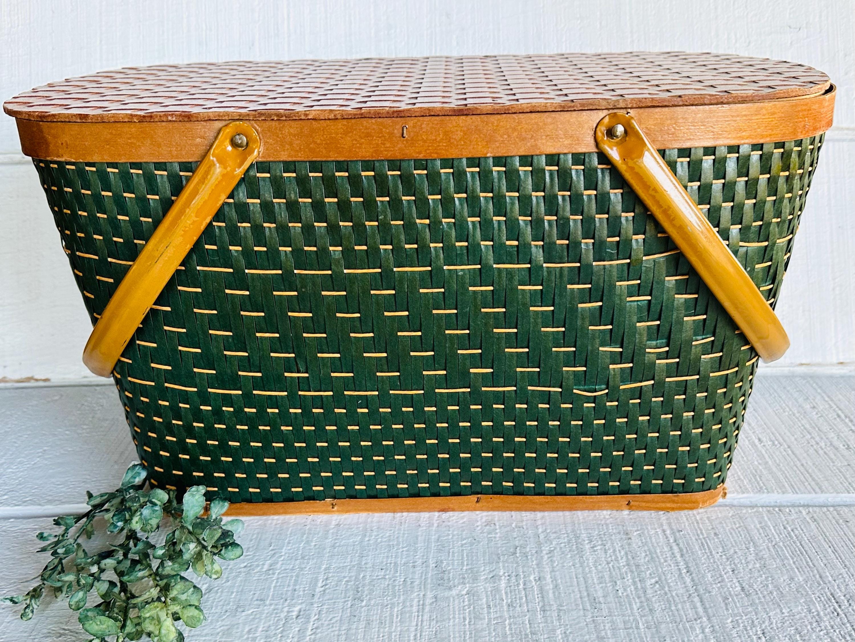 Vintage Hawkeye Green Picnic Basket Medium Green Brown Weave