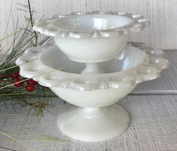 Vintage white glass pedestal bowls white Milk Glass serving bowls wedding centerpiece candy dishes mid century white glass pedestal serving