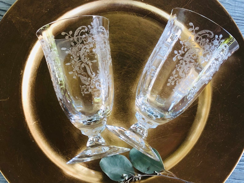 1930s 1940s FOSTORIA Meadow Rose Clear ICED TEA glasses Vintage Glassware etched tall water goblet embossed rose crystal floral replacements image 3
