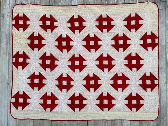 Vintage 1980s Red and White Churn Dash Quilt – Machine Quilted, 62x78, Cotton Muslin, One Tear on Binding, Farmhouse Cottage Decor
