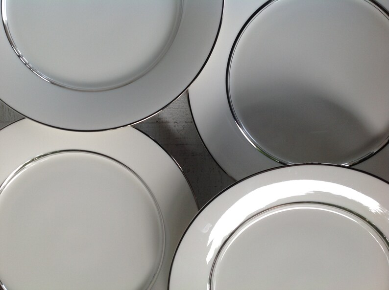 Mid Century Japan China Dinner plate salad plate cup and saucer 16 pc Carico Reflections China White and platinum trim china replacements