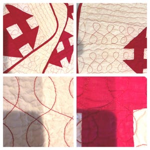 Peut inclure: Une courtepointe en patchwork avec un fond cr&egrave;me et des formes g&eacute;om&eacute;triques rouges. La courtepointe pr&eacute;sente des coutures rouges complexes en forme de fl&egrave;ches et de boucles. Le tissu semble &ecirc;tre du coton.