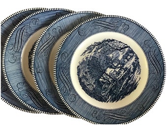 Set of 4 Vintage Currier and Ives 10 inch dinner plate ~ 1960s blue and white transfer ware Royal China Old Grist Mill Blue and white china