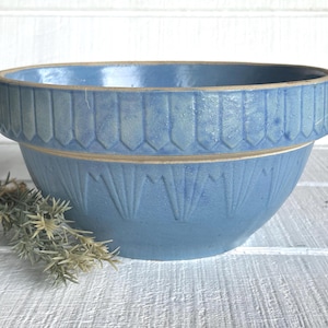 May include: A blue ceramic mixing bowl with a decorative rim and embossed design. The bowl has a light blue color and a wide, open shape. A sprig of dried herbs rests beside the bowl.