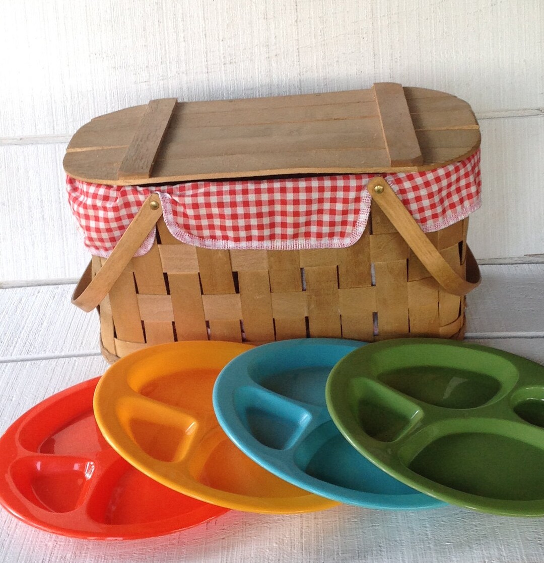 Vintage Picnic Basket / Plates Picnic Red and White Check Etsy