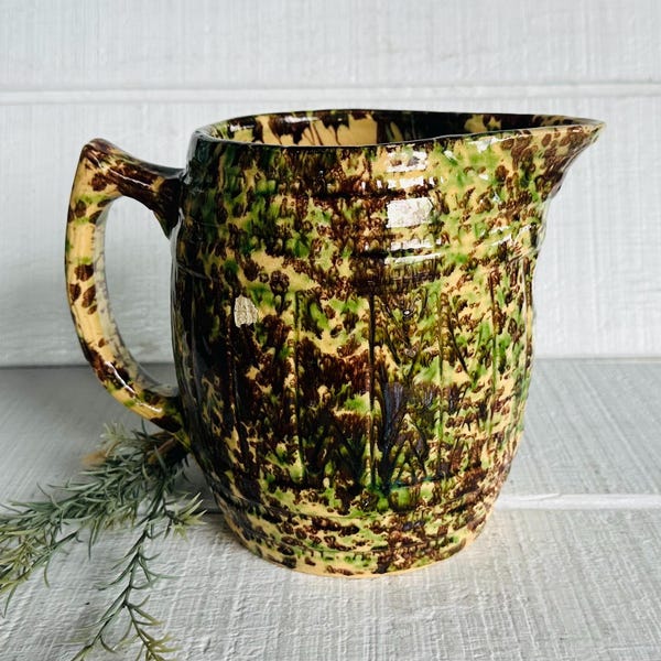 Antique XL Stoneware pitcher green brown yellow spongeware pottery spatterware barrel water pitcher carafe farmhouse Morton pottery Jug vase
