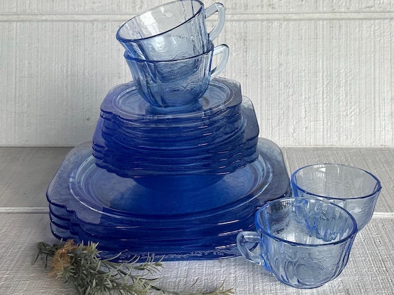 Recollection BLUE Indiana Glass 80s Dinner Plate Salad Bowl Cup