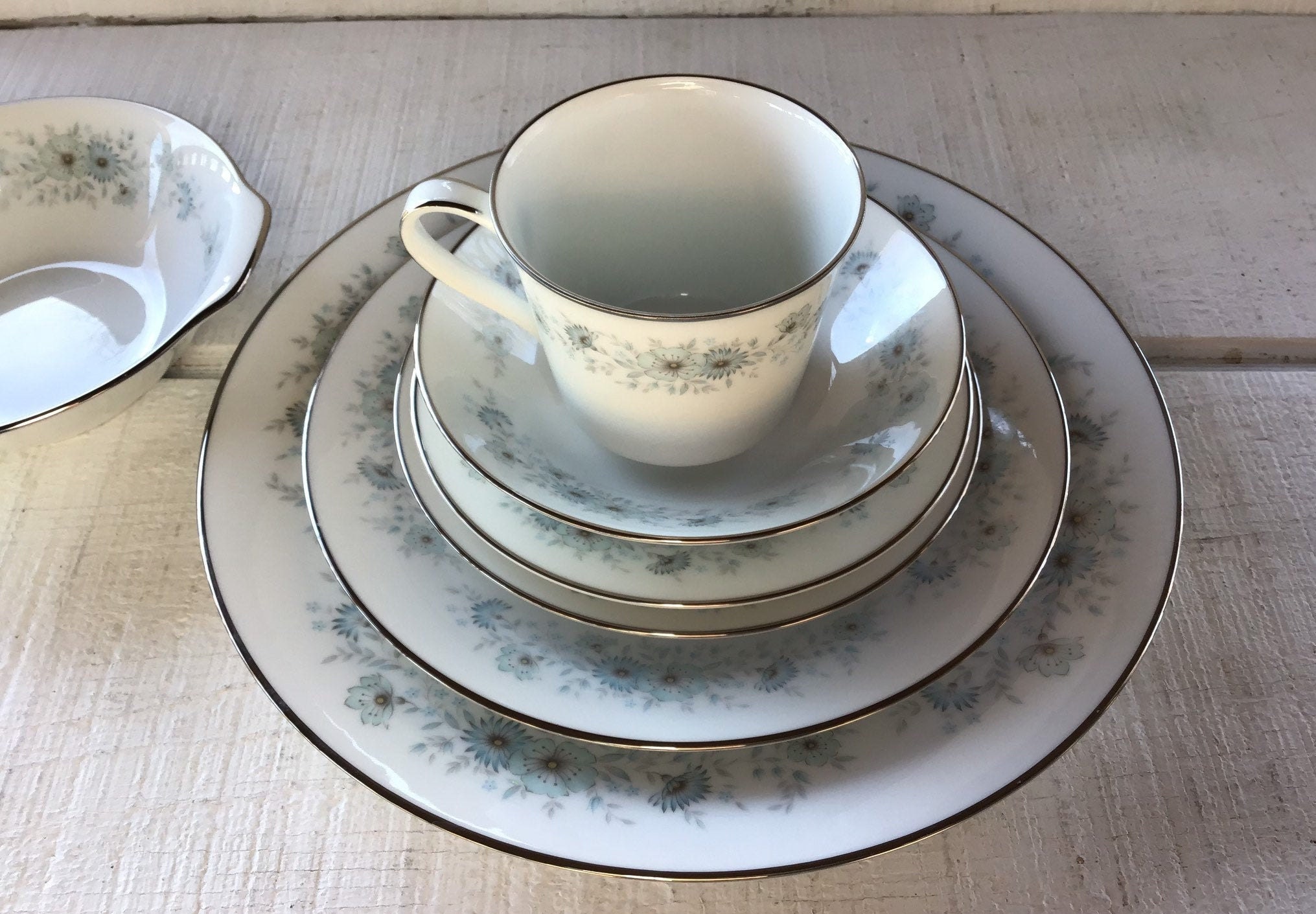 7 Pc Vintage Noritake Inverness China Blue Flowers Platinum