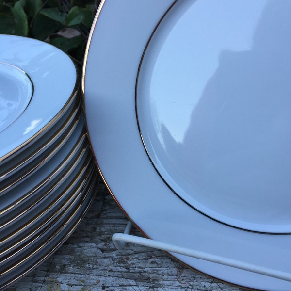 4 vintage gold rim dessert plate, Mid century white / gold china, wedding serving cake plate, bridal shower plate, vintage dishes tableware